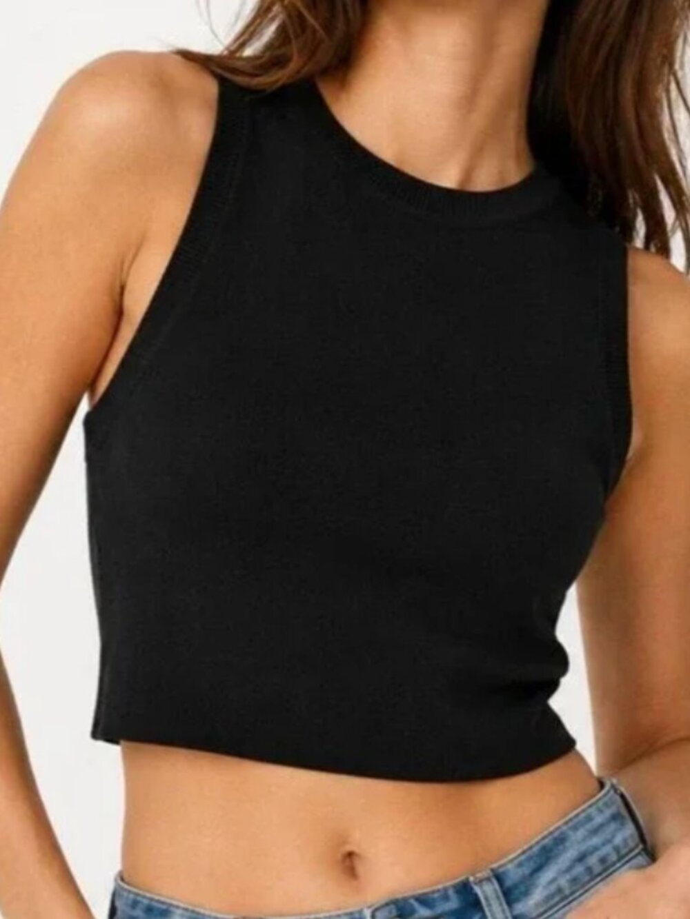ZARA Women's Black Ribbed Tank Top S Camisole Vest Cami Cropped High Neck Shirt